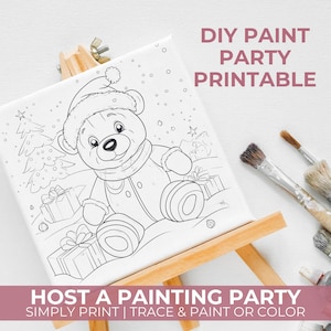 Christmas Office Party, Christmas Sip And Paint Party, Printable Template For Art Party, Christmas Coloring Bear, DIY Paint Party At Home