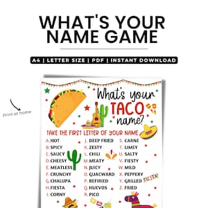 What's Your Taco Name, Cinco De Mayo Activity, Mexican Birthday Party ...