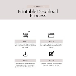 May include: A four-step printable download process is illustrated with icons. Step 1: Add to cart. Step 2: Payment complete. Step 3: Access file. Step 4: Print file.
