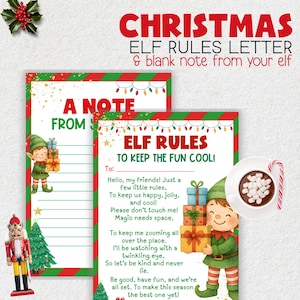 May include: Christmas Elf Rules letter and blank note from your elf. The design features a festive red and green border with text that reads "Elf Rules to Keep the Fun Cool!" and "A Note From". The image includes an elf illustration, a cup of hot chocolate, and a candy cane.