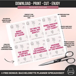 May include: A bachelorette trivia game printout with various prompts like "Being Shocked by Gossip" and "The Groom Fainting at the Altar." The game is designed for groups of any size and includes a bonus bachelorette planner spreadsheet. A pair of scissors is also in the image.