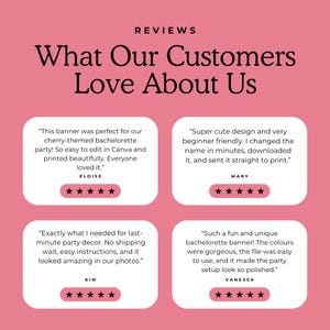 May include: A pink background features the text "REVIEWS What Our Customers Love About Us." Four customer reviews are shown in white rounded rectangles. Each review includes a customer's name and a five-star rating.