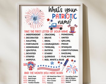 Patriotic Game For Kids, 4th July Activity, Independence Day Kids Games, What's Your Patriotic Name, 4th July Game Kids, 4th July Party Sign