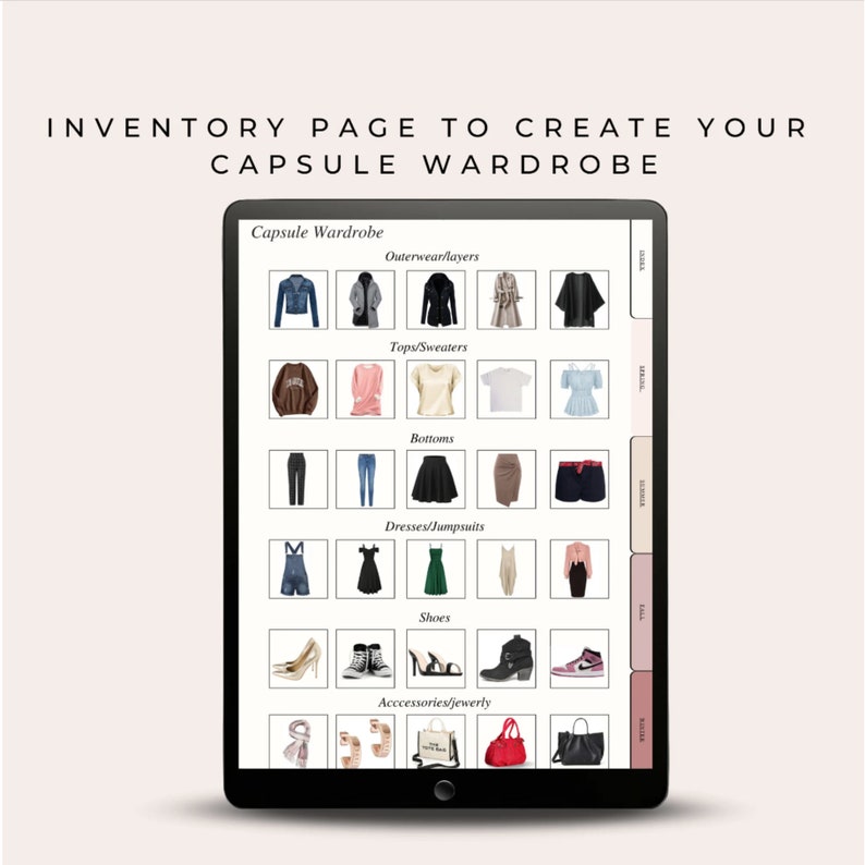 May include: A digital inventory page for creating a capsule wardrobe. The page is divided into categories, including outerwear, tops, bottoms, dresses, shoes, and accessories. Each category has a grid of images representing different clothing items.