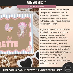 K&ouml;nnte beinhalten: Ein Bachelorette-Shower-Banner-Template mit braunem Hintergrund, rosa und blauen Akzenten und Illustrationen zum Thema Meer. Das Banner enth&auml;lt das Wort "RETTE" in Rosa und ist mit einer Muschel, einer Qualle und Korallen verziert. Wei&szlig;e herzf&ouml;rmige Sonnenbrillen sind im Vordergrund.