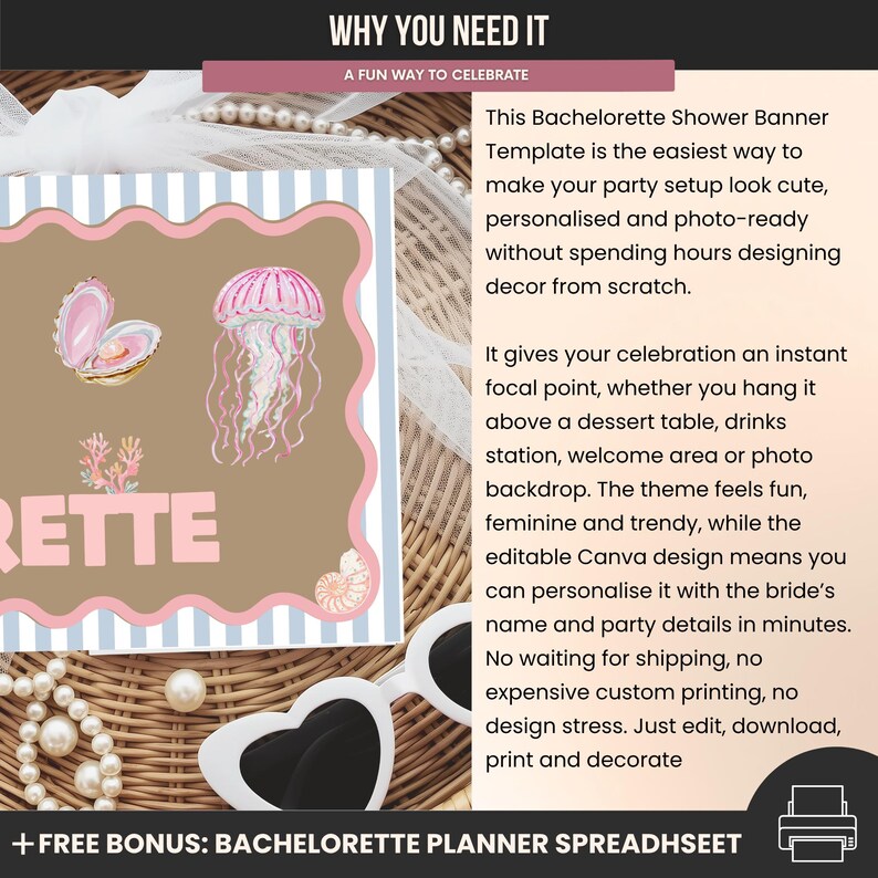 K&ouml;nnte beinhalten: Ein Bachelorette-Shower-Banner-Template mit braunem Hintergrund, rosa und blauen Akzenten und Illustrationen zum Thema Meer. Das Banner enth&auml;lt das Wort "RETTE" in Rosa und ist mit einer Muschel, einer Qualle und Korallen verziert. Wei&szlig;e herzf&ouml;rmige Sonnenbrillen sind im Vordergrund.