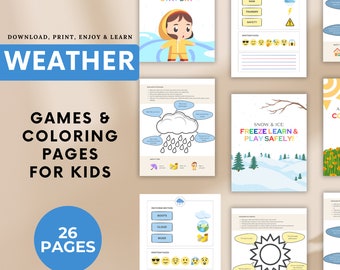 Weather Learning Activity, Worksheet for Kids, Weather Vocabulary Flashcards, Weather Chart, Homeschool Montessori, Toddler Flash Cards