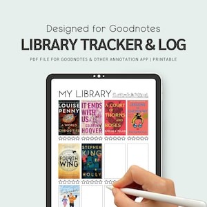 Könnte beinhalten: Ein digitaler Bibliotheks-Tracker und -Log auf einem Tablet, entworfen für Goodnotes. Der Bildschirm zeigt Buchcover, darunter "It Ends With Us" und "A Court of Thorns and Roses". Der Text oben lautet "LIBRARY TRACKER & LOG".