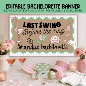 May include: A banner for a bachelorette party with the text "LAST SWING Before the ring Amanda's bachelorette". The image also includes martini glasses, pickleball paddles, a visor, and a skirt.
