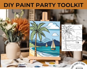 Plantilla para pintar y beber con paisaje de velero en la playa, fiesta de pintura DIY, arte en lienzo imprimible, noche de mujeres o eventos de pintura para adultos, arte con esténcil