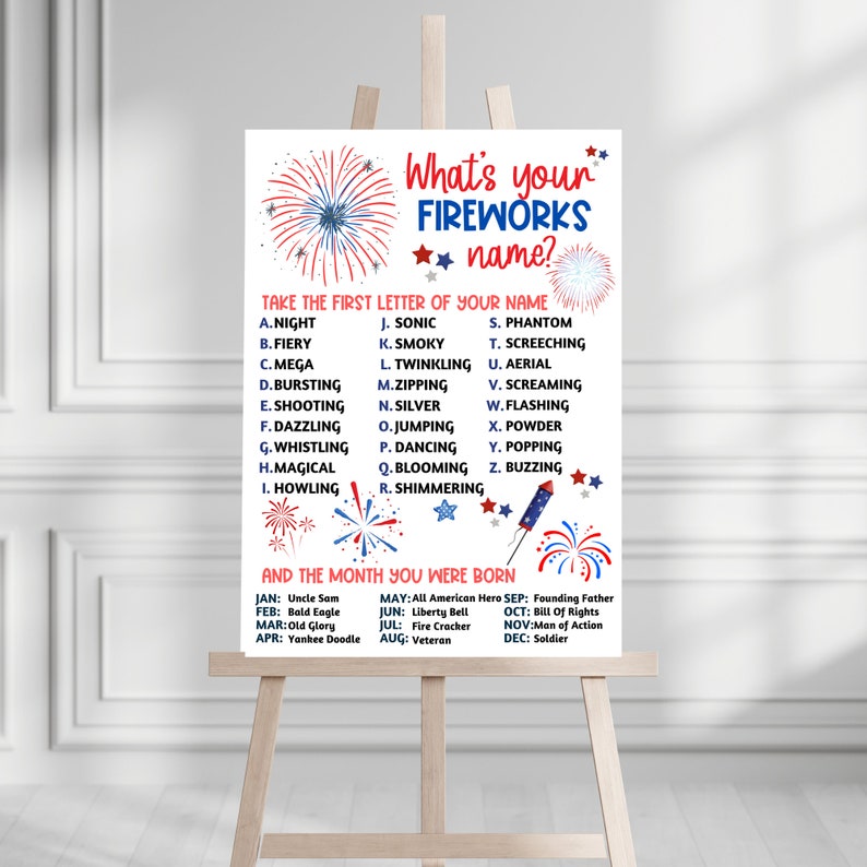 May include: A white sign with red, white, and blue fireworks designs. The sign says "What's your Fireworks name?" and lists letters of the alphabet with a firework name for each letter. The sign also includes a list of months with a nickname for each month.