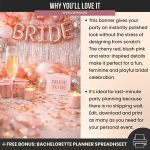 K&ouml;nnte beinhalten: Eine Brautparty-Szene mit einem ros&eacute;goldenen "BRIDE"-Ballonbanner, Champagnergl&auml;sern und einem "Bride to Be"-Schild. Der Hintergrund zeigt rosa und silberne Dekorationen, die eine festliche Atmosph&auml;re schaffen. Digitaler Download.