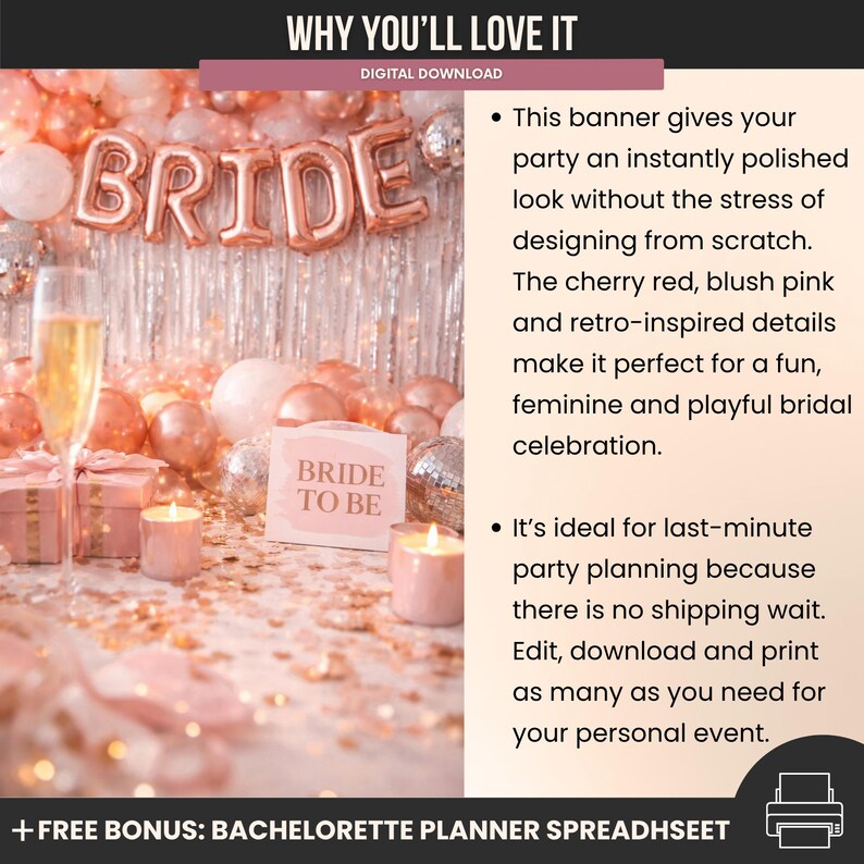 K&ouml;nnte beinhalten: Eine Brautparty-Szene mit einem ros&eacute;goldenen "BRIDE"-Ballonbanner, Champagnergl&auml;sern und einem "Bride to Be"-Schild. Der Hintergrund zeigt rosa und silberne Dekorationen, die eine festliche Atmosph&auml;re schaffen. Digitaler Download.