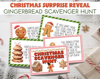 May include: A collection of Christmas-themed cards with gingerbread men and houses. The cards have text that reads "Christmas Surprise Reveal Gingerbread Scavenger Hunt". The cards are decorated with green and pink borders.