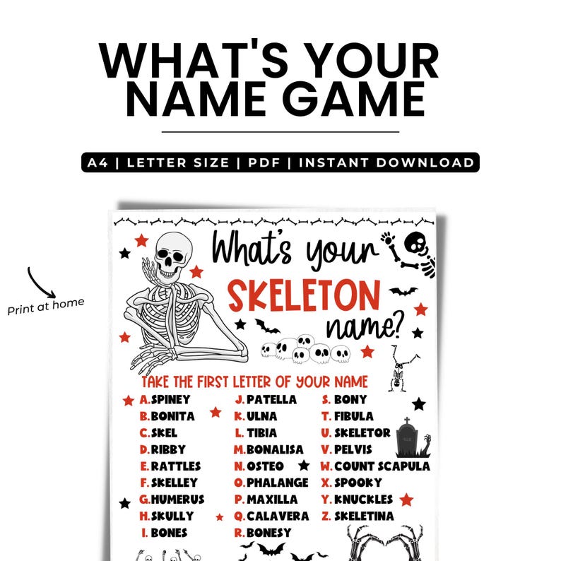 What's Your Skeleton Name Party, Halloween Party Game, Trick or Treat ...