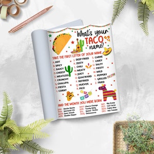 What's Your Taco Name, Cinco De Mayo Activity, Mexican Birthday Party ...