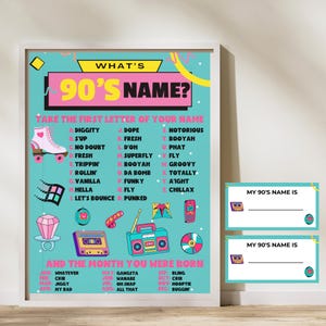 May include: A printable 90's themed party game poster with a pink and blue color scheme. The poster features a list of 90's slang words and phrases, with each letter of the alphabet corresponding to a different word. The poster also includes a section for players to write down their 90's name based on the first letter of their name and the month they were born.