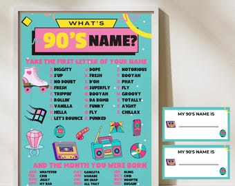 Back to the 90s, 90s Party Game, 90s Party Sign, What&#39;s Your 90s Name, 90s Birthday Theme, 1990s Name Game, 90s Hip Hop Party, Decades Party