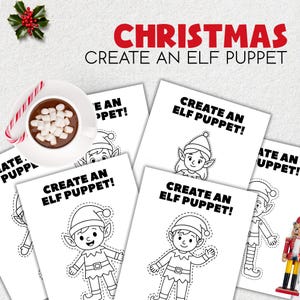 May include: A festive Christmas-themed image featuring several white paper cutouts with elf designs and the text "CREATE AN ELF PUPPET!". A cup of hot chocolate with marshmallows and a candy cane are also present.
