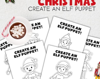 May include: A festive Christmas-themed image featuring several white paper cutouts with elf designs and the text "CREATE AN ELF PUPPET!". A cup of hot chocolate with marshmallows and a candy cane are also present.