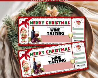May include: Two Christmas-themed wine tasting tickets with red and white accents. Each ticket features the text "Merry Christmas" and "Wine Tasting", along with illustrations of wine bottles, grapes, and a Santa Claus.