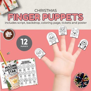 Christmas finger puppets, Christmas eve box activity, Preschool holiday classroom activity, Puppet Show Script, Christmas coloring Page