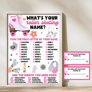 May include: A pink and white printable poster with the text "What's your roller skating name?" and instructions to take the first letter of your name and the month you were born to determine your roller skating name. The poster features illustrations of roller skates, a record player, a lava lamp, headphones, and flowers.