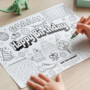 Soccer Party Activity Placemat, Football Coloring Activity Sheet, Soccer Birthday Party, Soccer Party Decor, kids party table entertainment