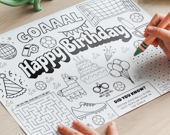 Mantel individual con actividades para fiestas de fútbol, hoja para colorear de fútbol, fiesta de cumpleaños de fútbol, decoración para fiestas de fútbol, entretenimiento de mesa para fiestas infantiles