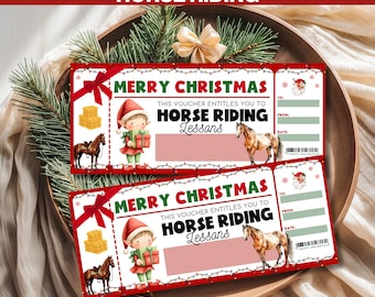 May include: Two Christmas-themed gift certificates for horse riding lessons. The tickets are red and white with the text "Merry Christmas" and "Horse Riding Lessons". Illustrations include a horse, elf, and hay bales.