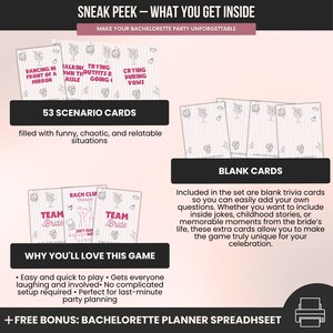 May include: A bachelorette party game set with scenario cards and blank trivia cards. The cards feature illustrations and text, including "Dancing in Front of a Mirror" and "Crying During Vows." The set includes a free bachelorette planner spreadsheet.