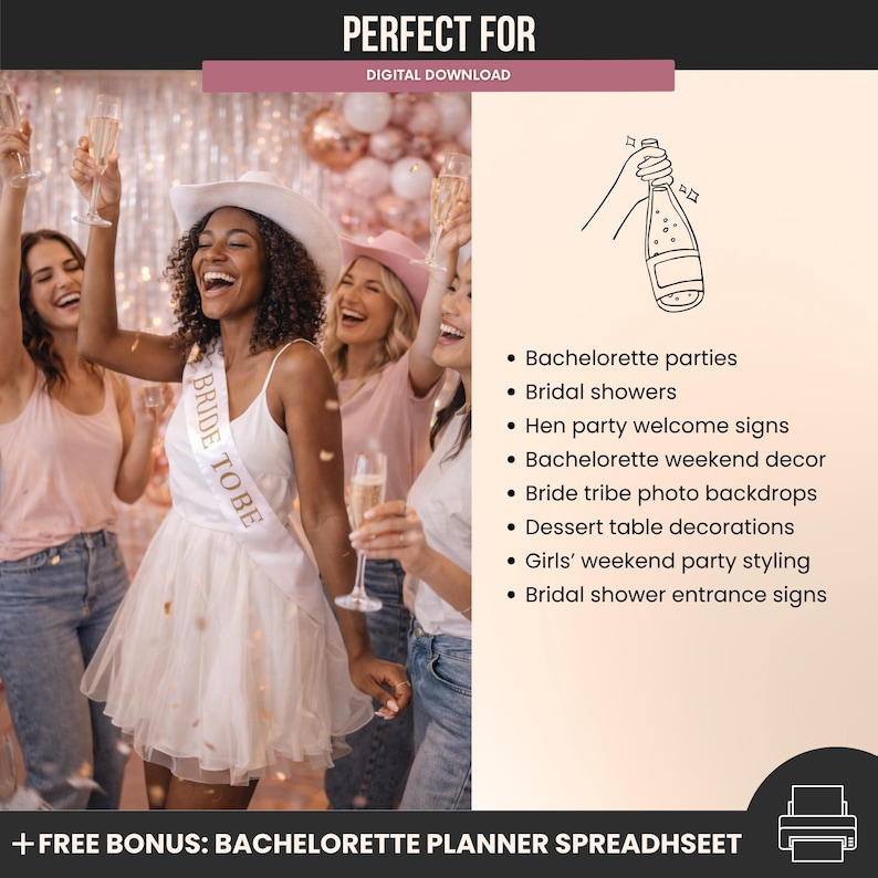 K&ouml;nnte beinhalten: Ein Bild von einer Gruppe von Frauen, die feiern, eine tr&auml;gt ein wei&szlig;es Kleid und ein "BRIDE TO BE"-Band. Das Bild enth&auml;lt den Text "PERFECT FOR" und listet Themen f&uuml;r Junggesellinnenabschiede auf. Ein digitaler Download wird angeboten.