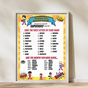 Whats Your Superhero Name Printable, Superhero Name Game, Superhero Birthday Sign, Superhero Party Decor, Superhero Name Tag, Boy Superhero
