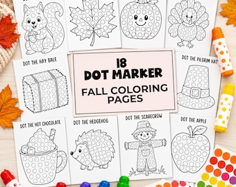 Fall Dot Marker Pages, Autumn Busy Book Dot Sticker Activity, Kindergarten Preschool Fall Worksheets,  Homeschool Fall Coloring