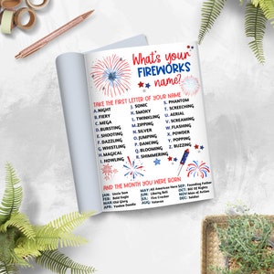 May include: A printable worksheet with a red, white, and blue fireworks theme. The worksheet asks "What's your fireworks name?" and instructs users to take the first letter of their name and match it to a word on the list. The worksheet also includes a list of months and associated names.