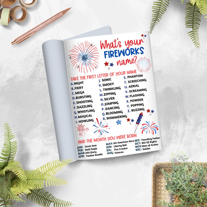 May include: A printable worksheet with a red, white, and blue fireworks theme. The worksheet asks "What's your fireworks name?" and instructs users to take the first letter of their name and match it to a word on the list. The worksheet also includes a list of months and associated names.