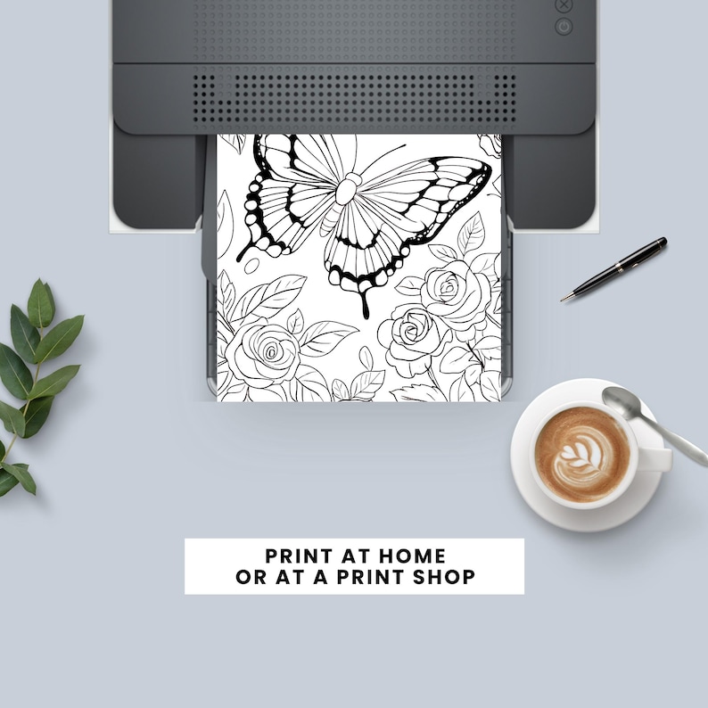 May include: Black and white printable coloring page featuring a butterfly and roses. Print at home or at a print shop.