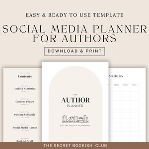 May include: A printable social media planner for authors, with sections for content pillars, posting schedule, social media admin, and bookish stuff. The planner also includes a section for statistics with columns for week 1 through week 4.