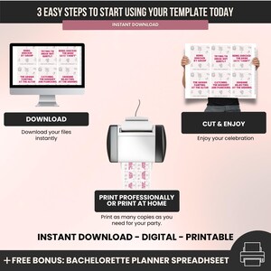 May include: An instructional graphic with the text "3 EASY STEPS TO START USING YOUR TEMPLATE TODAY." The steps are download, cut & enjoy, and print at home. The image includes a computer, printer, and printed sheets.