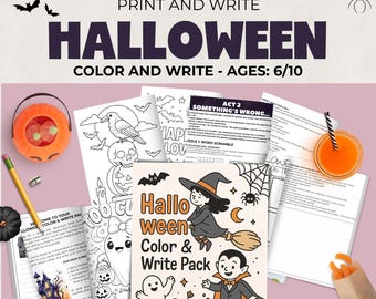Libro de actividades de Halloween para niños, páginas para colorear de Halloween para niños, actividades de escritura de Halloween, juegos de Halloween, ideas para historias de Halloween