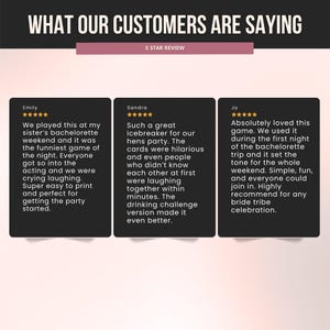 May include: Image of customer reviews for a party game. The text reads "WHAT OUR CUSTOMERS ARE SAYING" at the top. Three black boxes display customer testimonials with 5-star ratings. The reviews describe the game as fun and a great icebreaker.