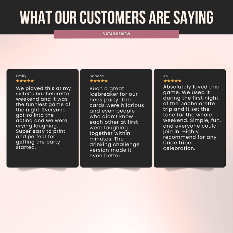 May include: Image of customer reviews for a party game. The text reads "WHAT OUR CUSTOMERS ARE SAYING" at the top. Three black boxes display customer testimonials with 5-star ratings. The reviews describe the game as fun and a great icebreaker.