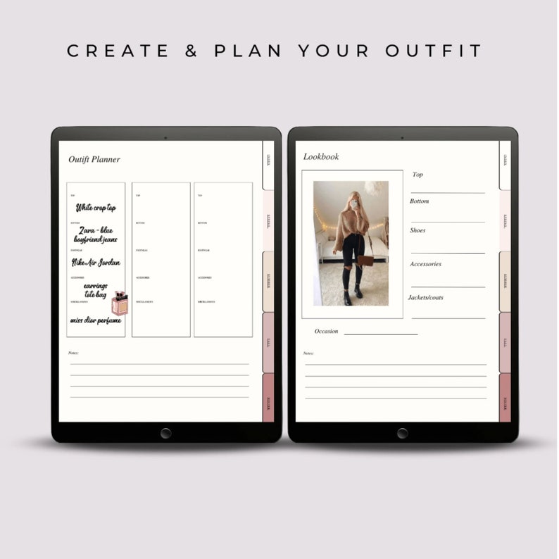 May include: A digital planner template for creating and planning outfits. The left side of the template has a section for listing outfit items, while the right side has a section for a lookbook with a place to add a photo and list details about the outfit.