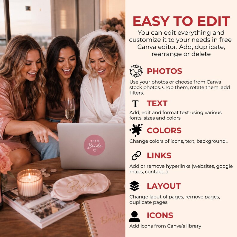 May include: Three women looking at a laptop with a "Team Bride" sticker. The laptop is on a table with a candle, eye mask, and notebook. Text on the right side says "Easy to Edit" and describes Canva editor features.