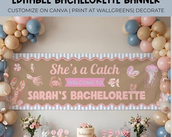 Sie ist ein Fang Bachelorette Willkommensschild, letzter Toast auf dem Küstenhummer, tropische Brautdusche Foto Hintergrund, Hen Party Decor