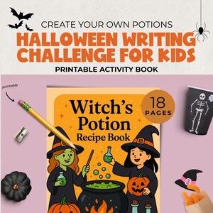 Halloween Writing Challenge For Kids, Halloween Wizard Potions Book, Witch Brews Pretend Play, Potion Recipe Workbook, Dramatic Sensory Play