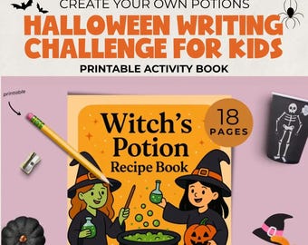 Halloween Writing Challenge For Kids, Halloween Wizard Potions Book, Witch Brews Pretend Play, Potion Recipe Workbook, Dramatic Sensory Play