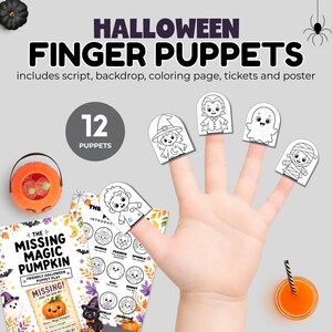 Halloween finger puppets, Halloween classroom activity, Preschool Halloween classroom activity, Puppet Show Script, Halloween Coloring Page