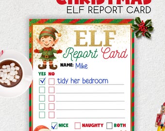 Puede incluir: Una tarjeta de informe de elfo con temática navideña con el texto "CHRISTMAS ELF REPORT CARD" en rojo. La tarjeta presenta una ilustración de elfo y el nombre "Mike". Incluye casillas de verificación para "SÍ" y "NO" y la frase "tidy her bedroom".