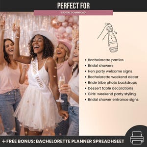 May include: Image of a group of women celebrating, with one wearing a white dress and a "BRIDE TO BE" sash. The image includes text: "PERFECT FOR" and a list of event types, such as bachelorette parties and bridal showers. The words "DIGITAL DOWNLOAD" are also visible.